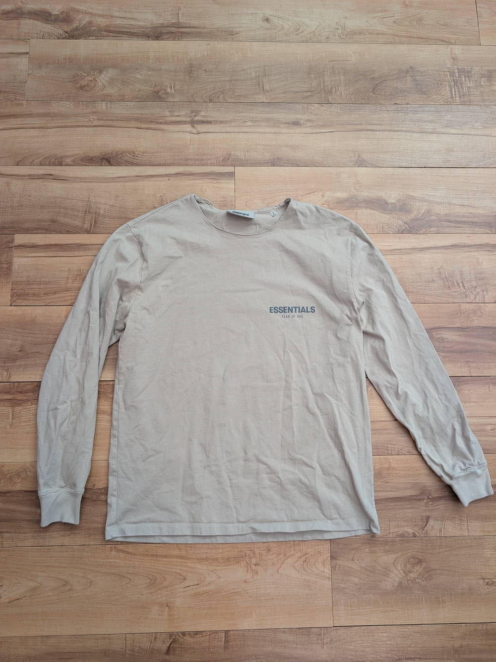 Fear of God Essentials Long-Sleeve Tee Neutral Tan Raw Neckline Sz S